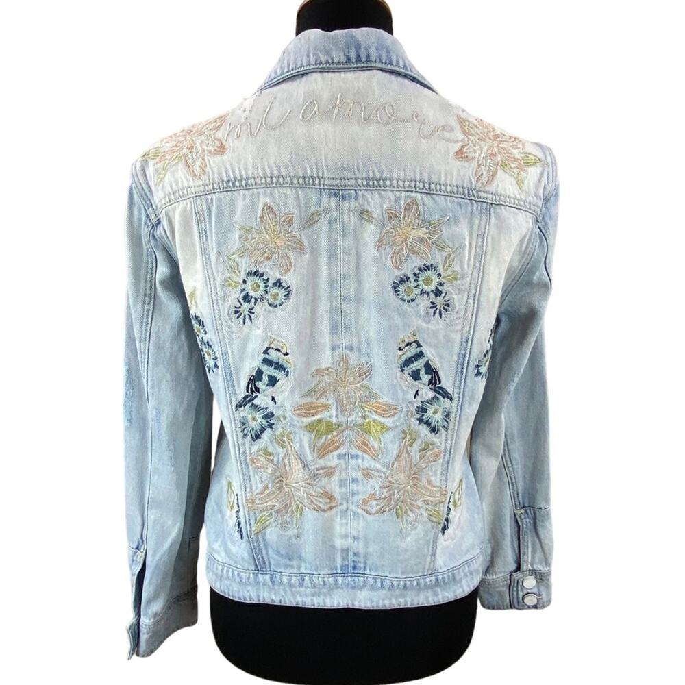 William Rast Womens Boho Distressed Embroidered Denim Jean Jacket Size S
